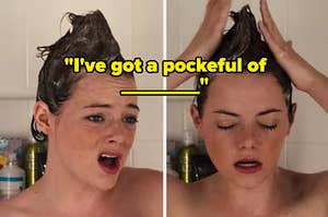 Emma Stone singing in the shower with a lyric trivia question