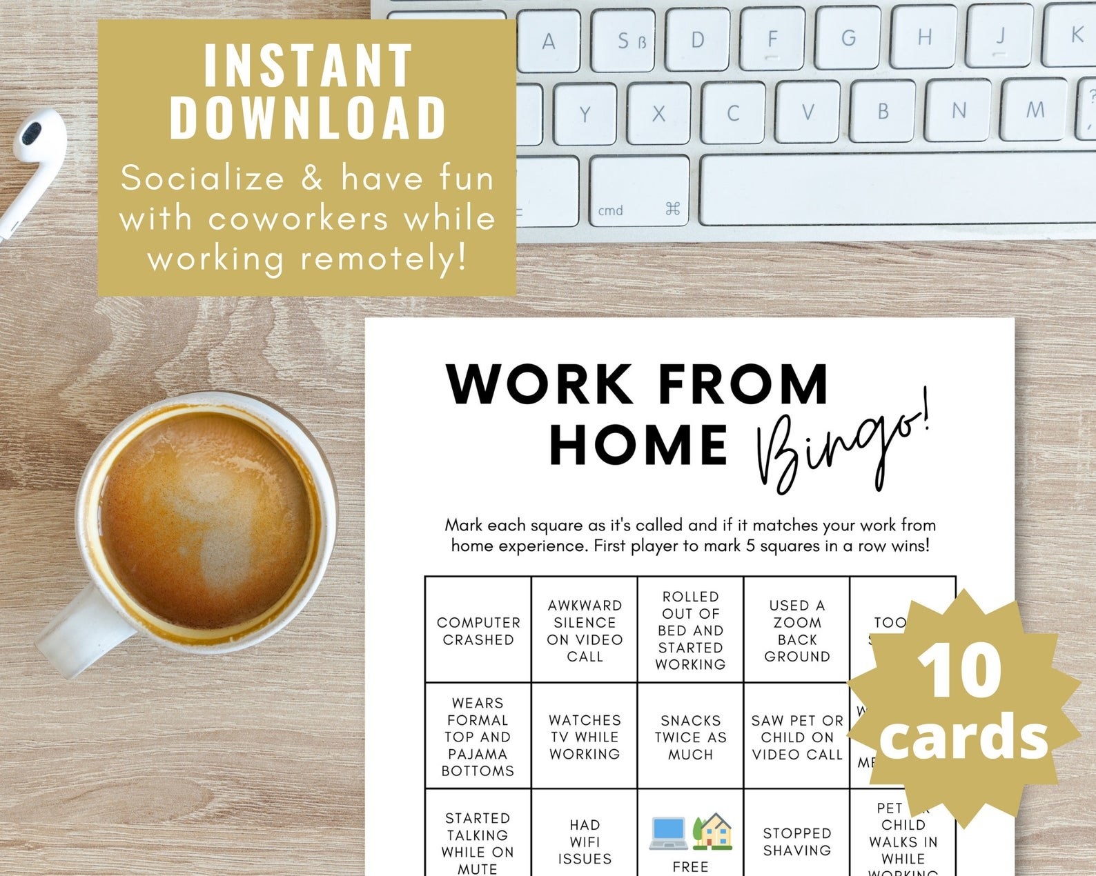 A Work From Home bingo card with items like &quot;had wi fi issues&quot; or &quot;used a zoom background&quot; 