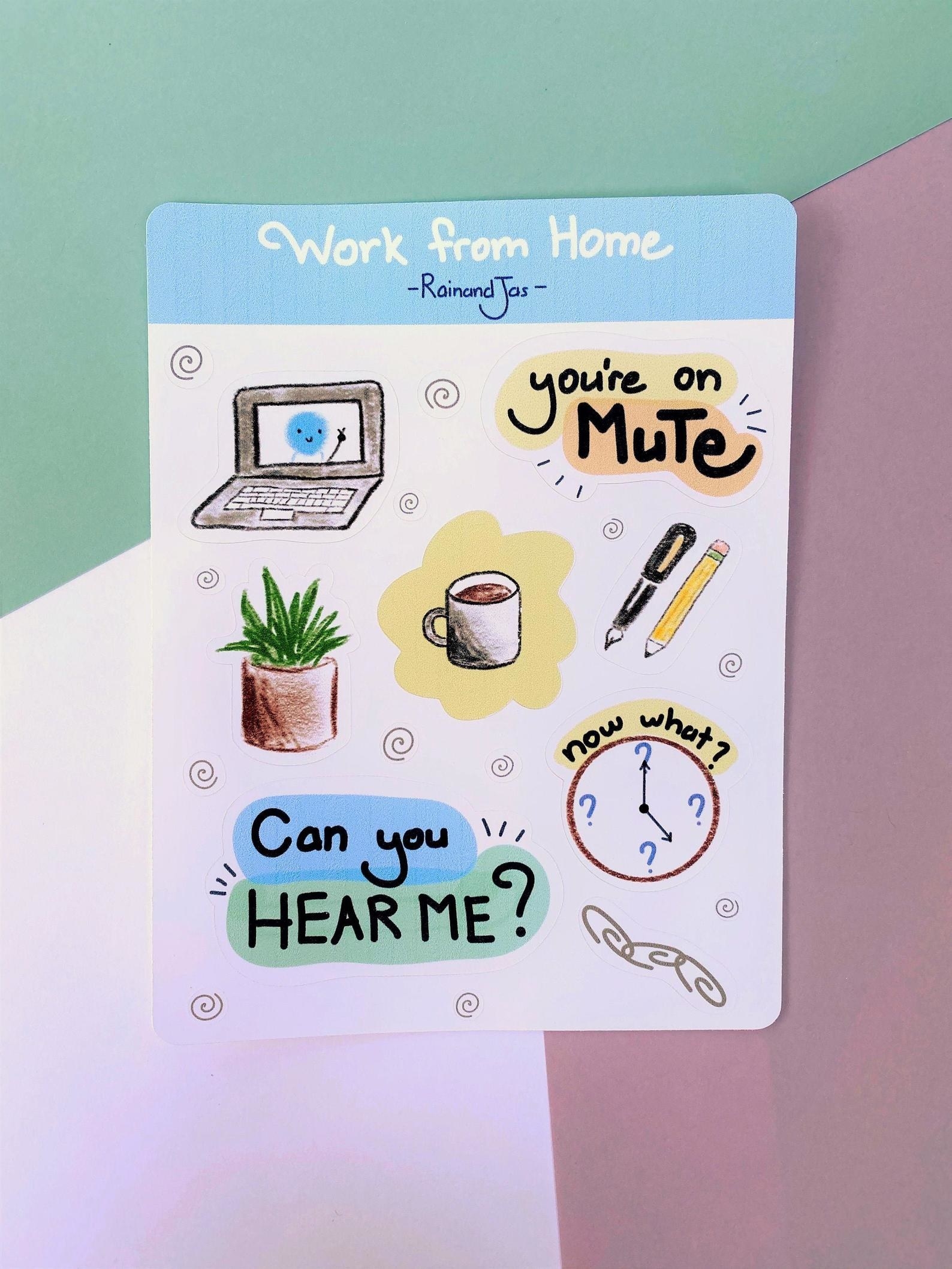 Sheet of illustrated stickers with things like a succulent, coffee, and the words &quot;you&#x27;re on mute&quot; 