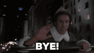 a gif of will ferrel as elf saying &quot;bye&quot; while the sleigh takes off