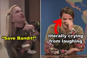 Side-by-side of Angela with her cat during the fire drill scene of "The Office," and Bill Hader cracking up as Stefon on "SNL"