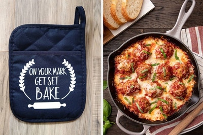 to the left is a navy blue pot holder with the worlds "on your mark get set bake" on it above a rolling pin, to the right is a cast iron white pan with a pizza in the middle