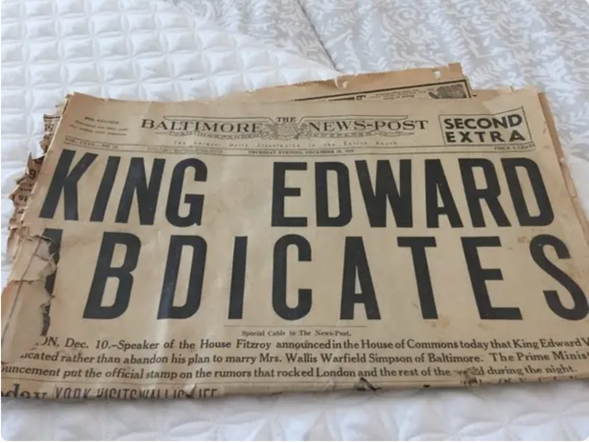 A 1936 edition of the batimore news post with the headline: king edward abdicates