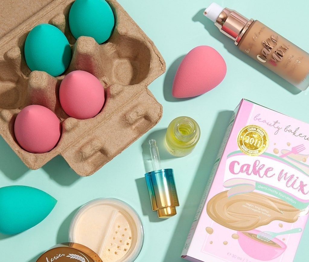 The opened cart of egg blenders, among other makeup products