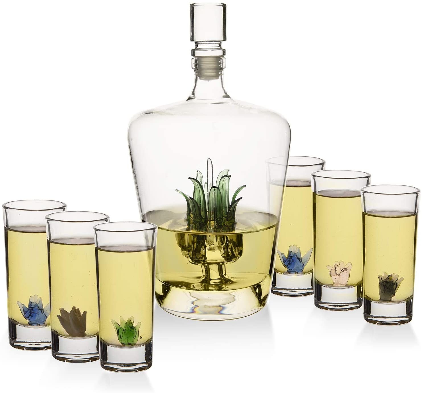 Tequila decanter and shot glass set with glass colorful agave plants inside