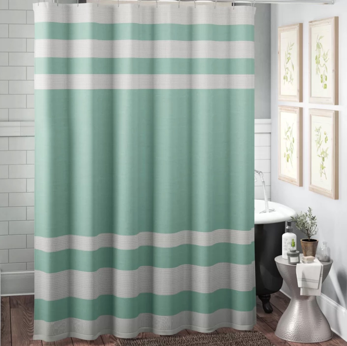 The shower curtain in aqua