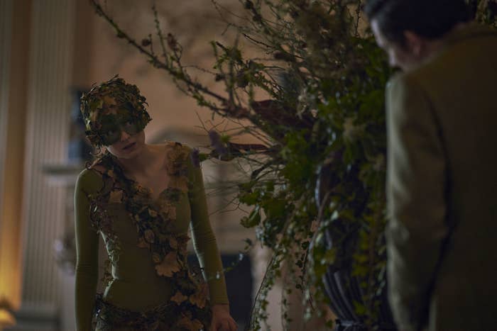 An image of Emma Corrin (who portrays Princess Diana) meeting Josh O'Connor (who portrays Prince Charles) for the first time in Season 4 of "The Crown."
