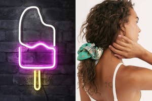 On the left, a neon ice cream light. On the right, a Free People model wears a giant green scrunchie