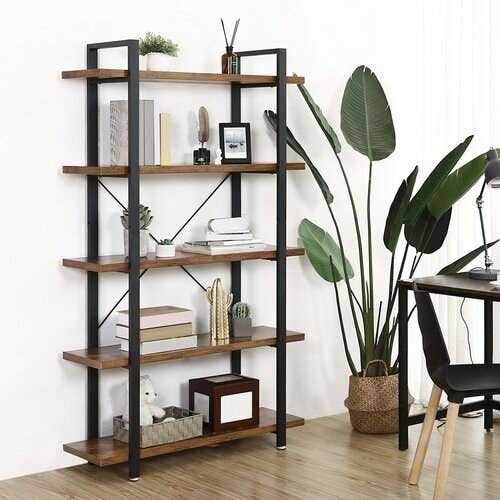 Rustic bookshelf with iron frame and wood shelves