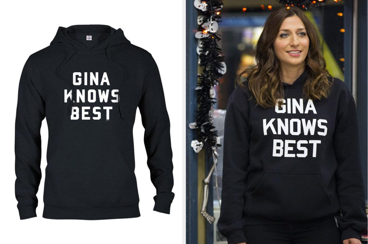 A black hoodie saying &quot;Gina Knows Best&quot; in white text
