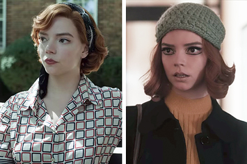 Left: Beth Harmon looking off-camera while wearing a patterned red and blue top and a headscarf; Right: Beth wearing a beanie with a mustard turtleneck and black coat on top; her makeup is a nude lip paired with bold eyeliner