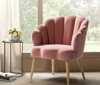 Velvet scalloped back chair with wooden legs