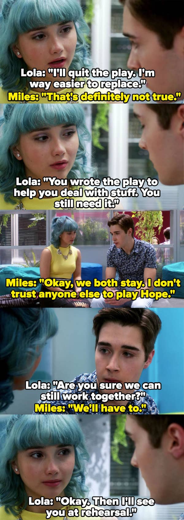 Lola persuades Miles not to quit the play because he still needs it, he says he doesn't trust anyone to replace her role, they agree to still work together