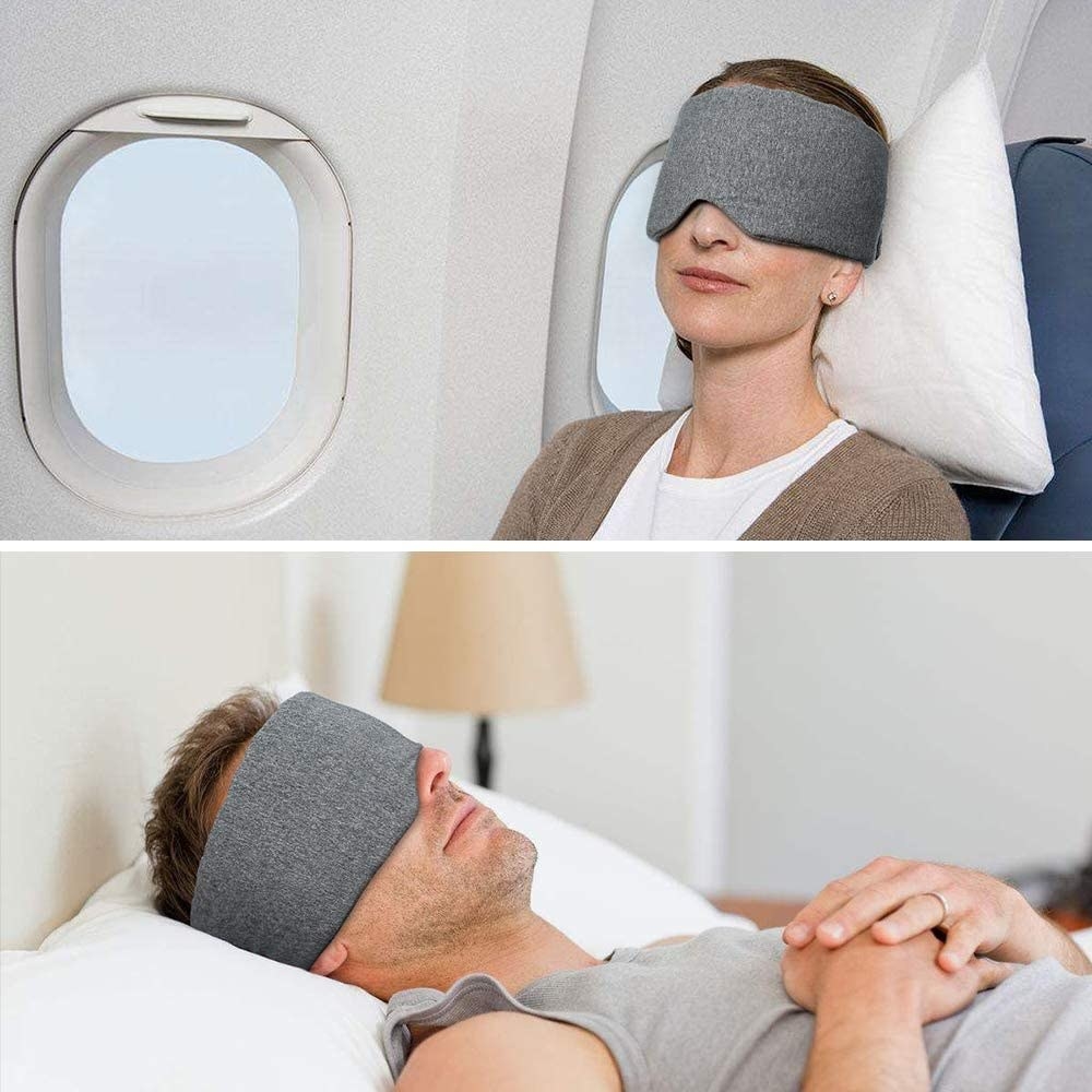person on a plane with the eye mask and someone lying in a bed with it