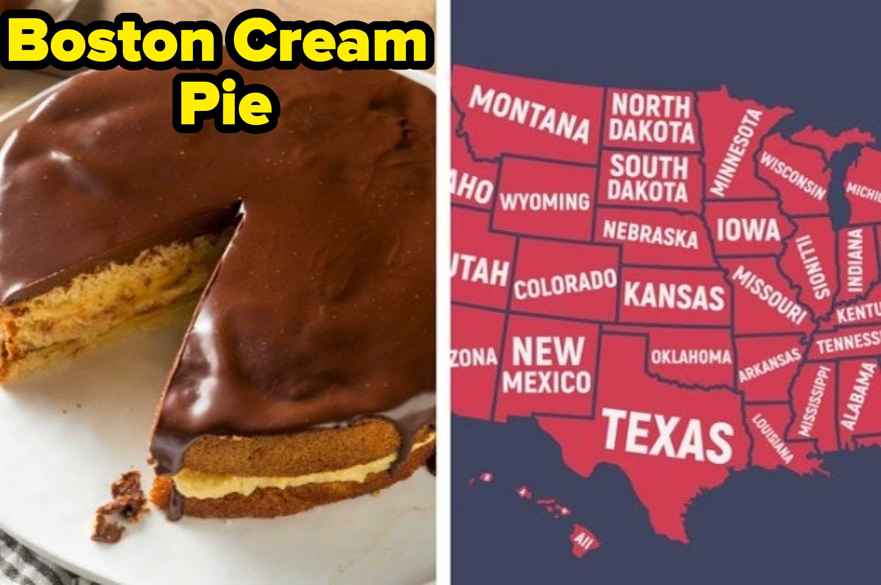 完整的波士顿奶油派有一片取出一张美国地图
