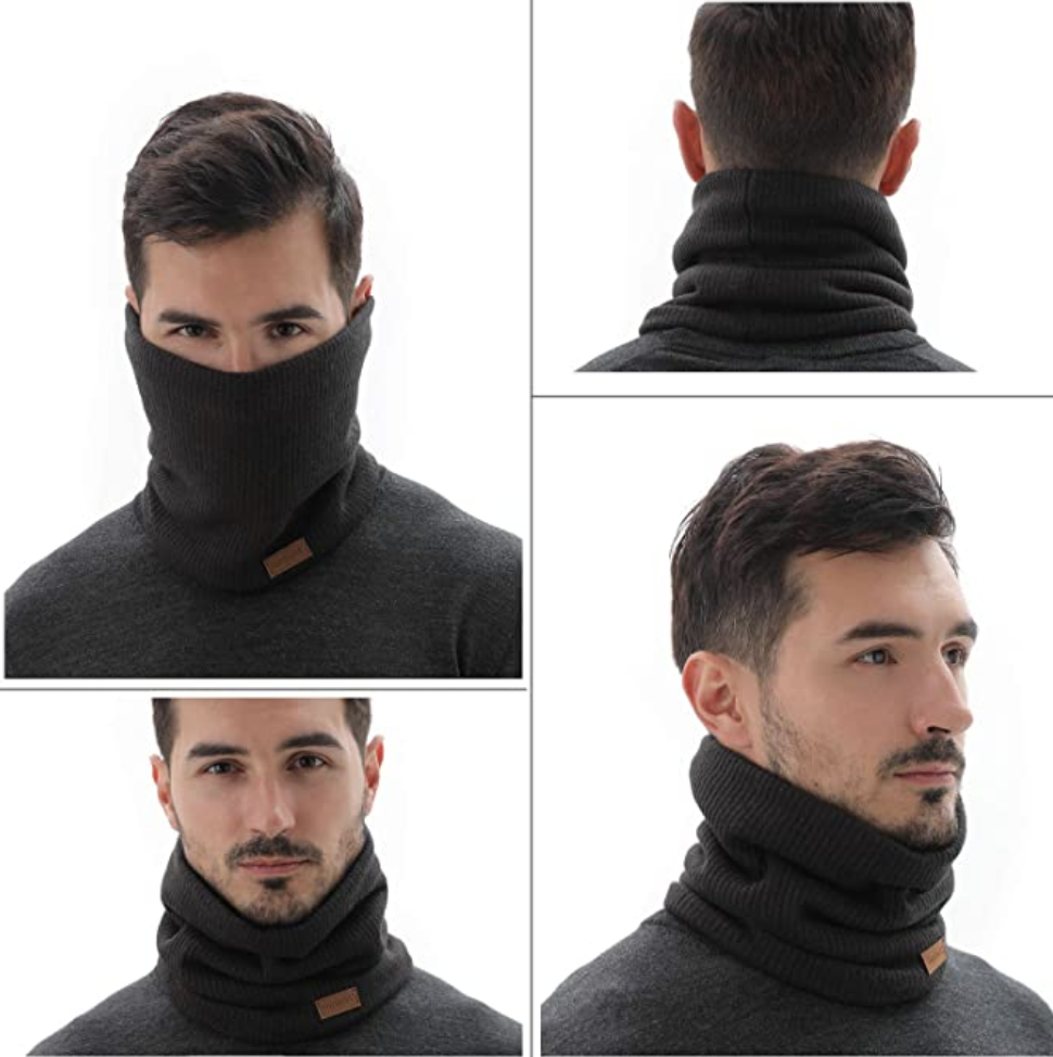 person wearing the neck warmer from front back and three quarter angles and pulled up over mouth