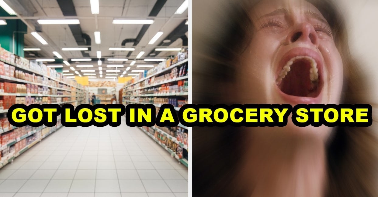 一个空的杂货店过道旁边的一个女人尖叫,口完全开放和闭上眼睛。形象是这句话“杂货store"迷路了;