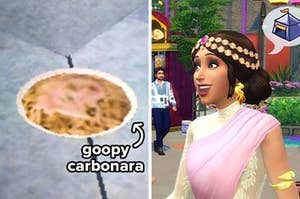 Side by side image showing a plate of "goopy carbonara" from "The Sims" next to an excited Sim