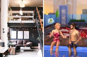 Side by side image showing a modern apartment next to two Sims at a rooftop bar