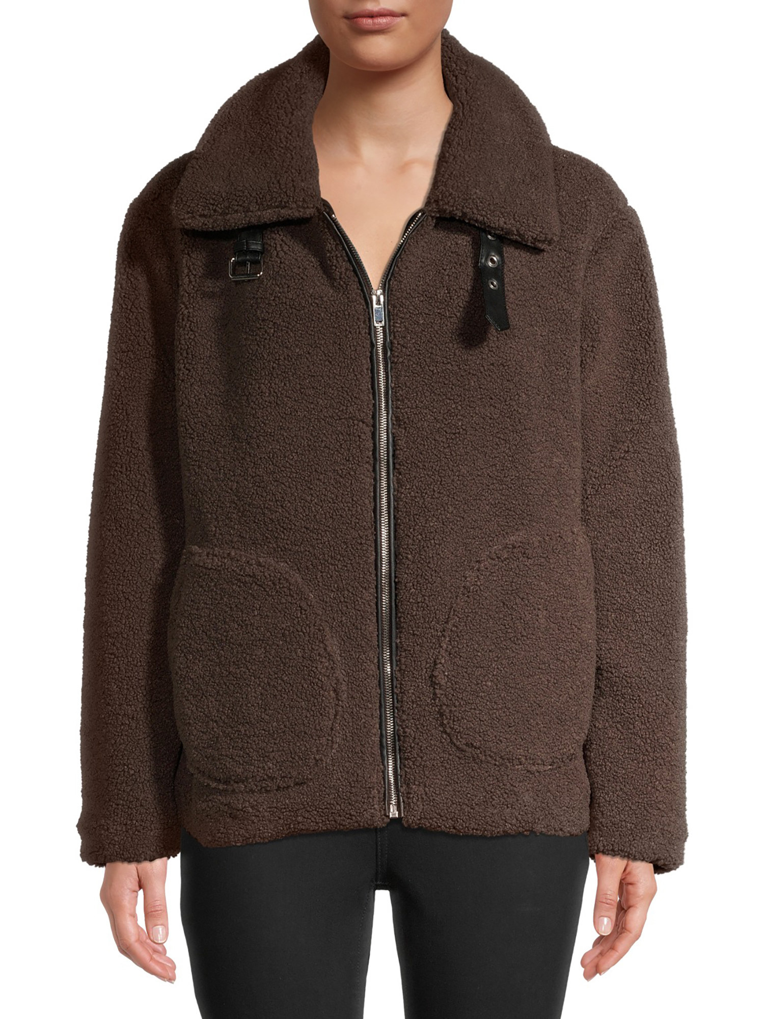 Model in brown faux sherpa jacket