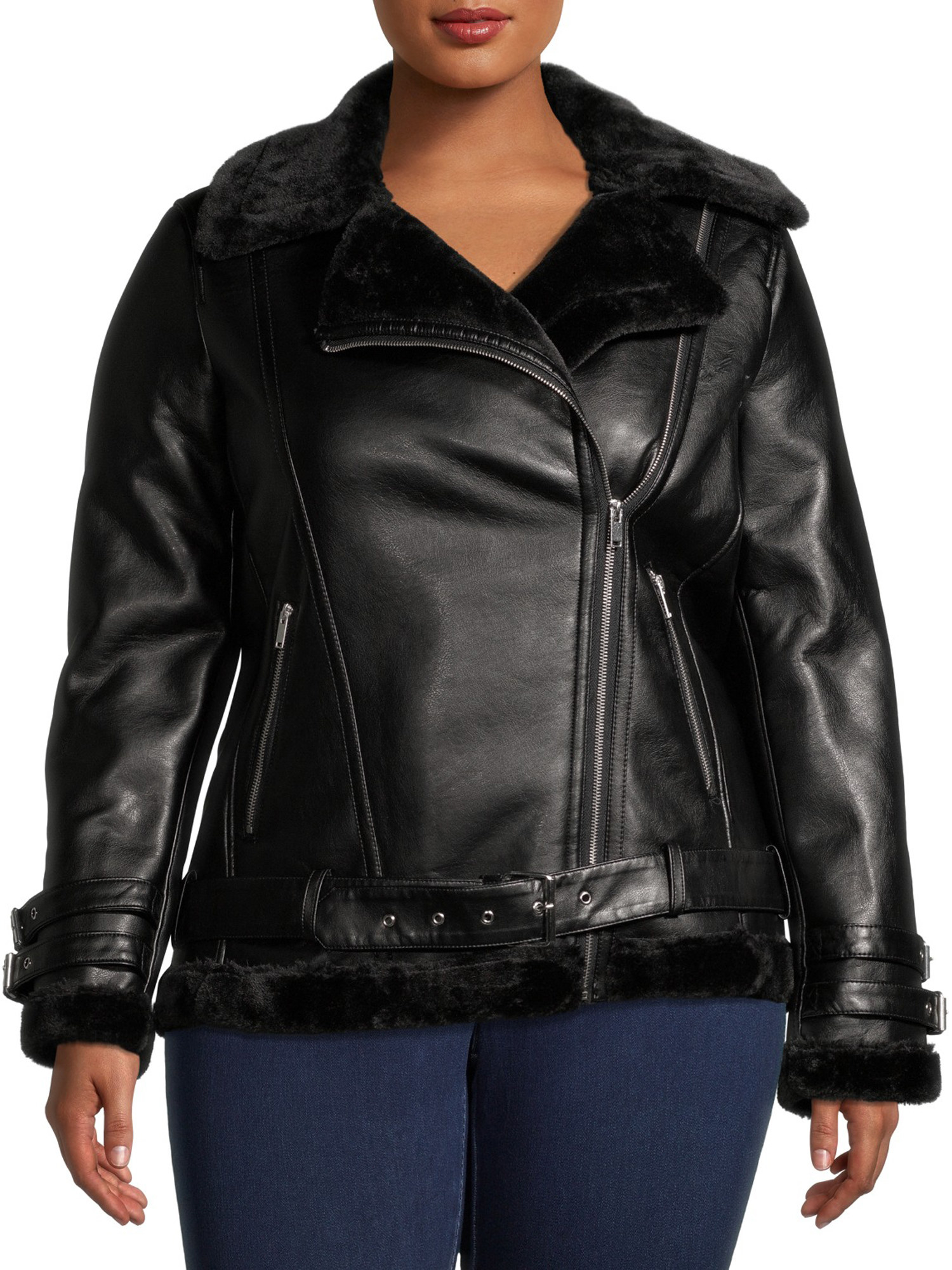 Model in black faux fur moto jacket