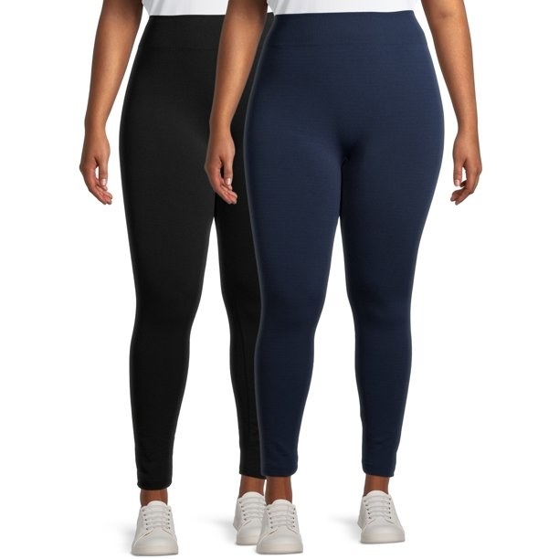 Model in black and navy fleece lined leggings