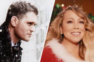 Michael Buble and Mariah Carey in front of a festive christmas tree