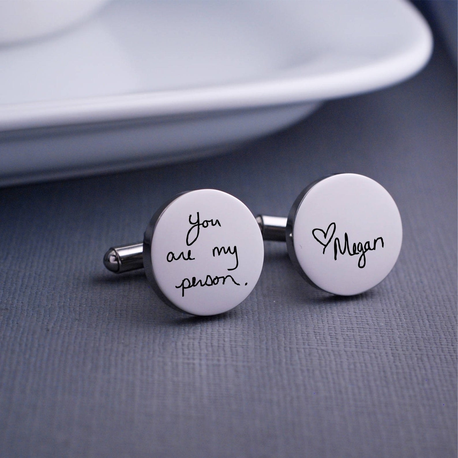 Silver cufflinks that say &quot;You are my person&quot; and &quot;Love Megan&quot;
