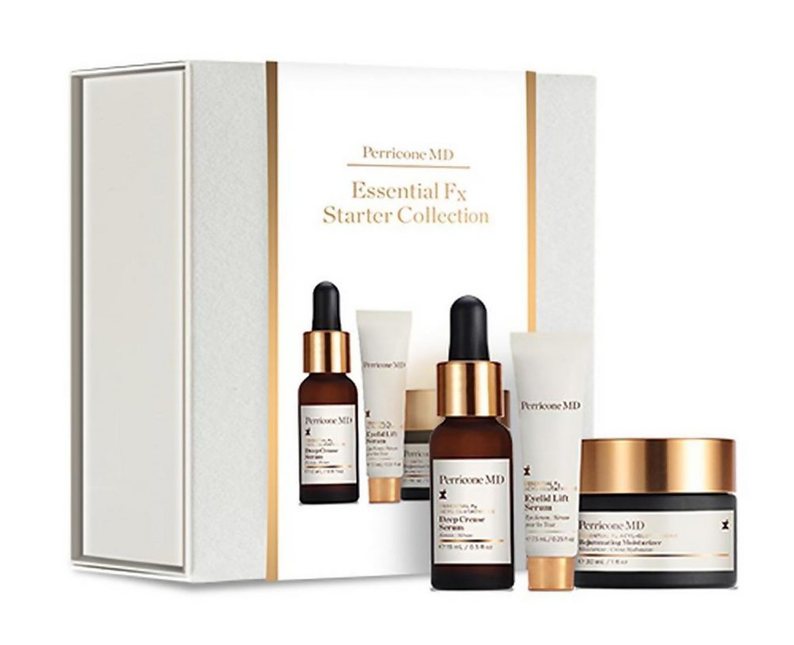 Perricone MD starter set with bottles of serum, eye cream and mositurizer.