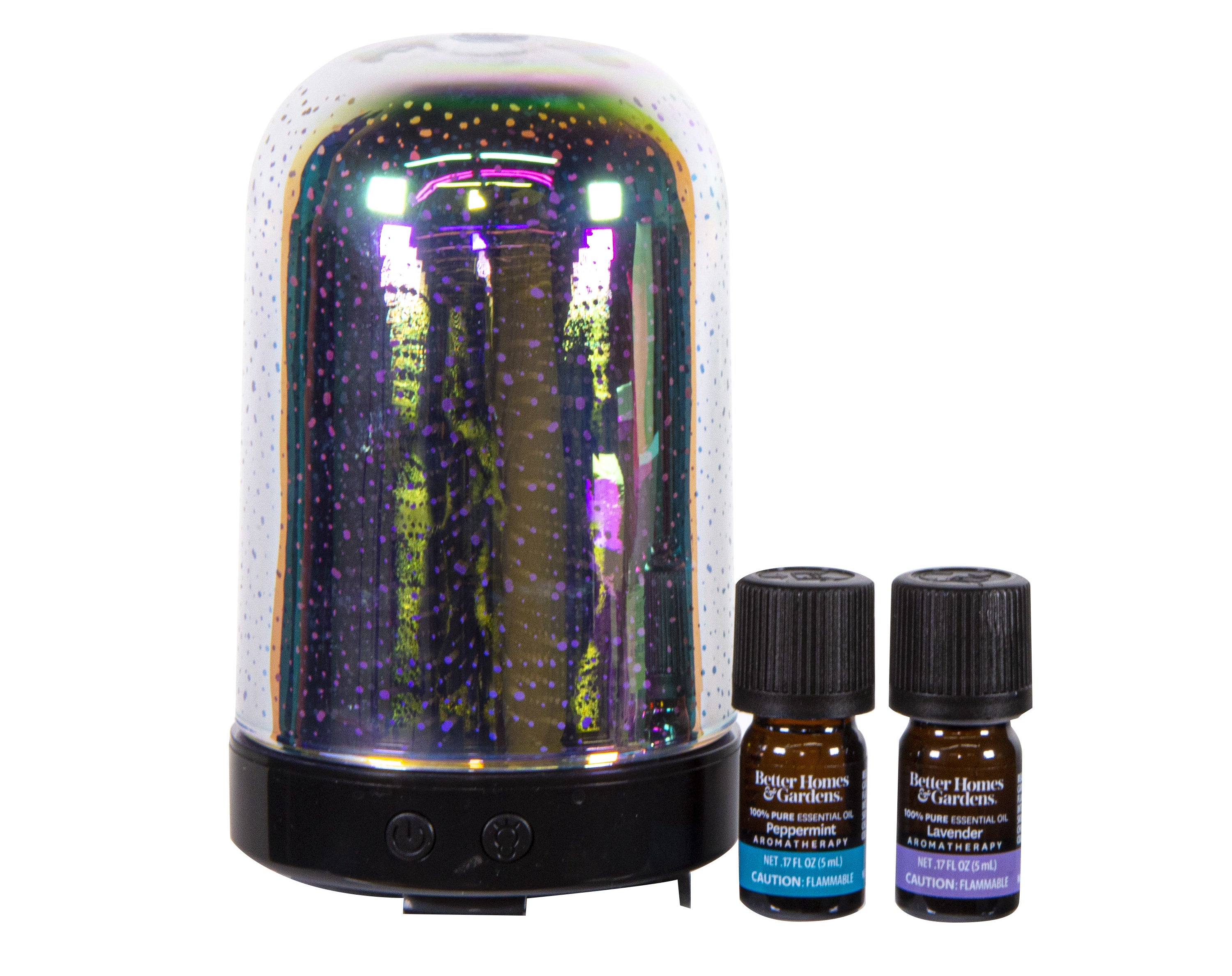 A rainbow- colored diffuser with oils