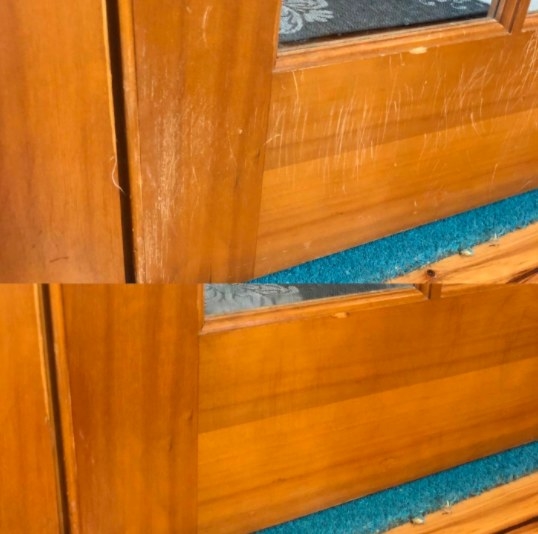 before shot on top of scratched wooden furniture and after shot of restored wooden furniture