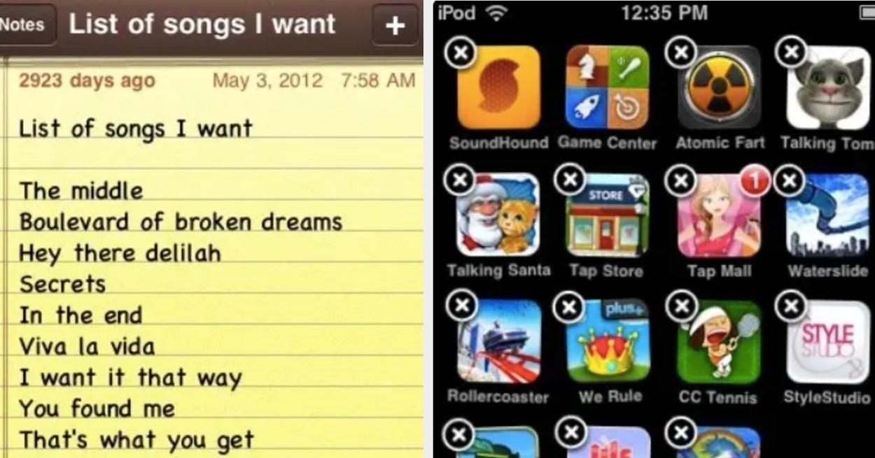 旧iphone应用程序的纸条,上面列出歌曲像梦碎大道和嘿黛利拉,一个旧的iphone屏幕截图与应用
