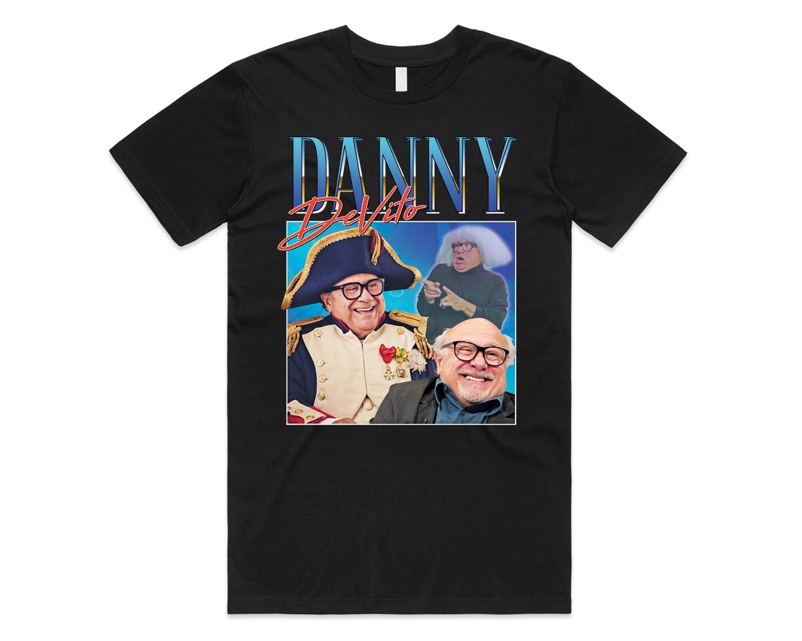 Black t-shirt with an old-school design with pictures of actor Danny DeVito and his name above it
