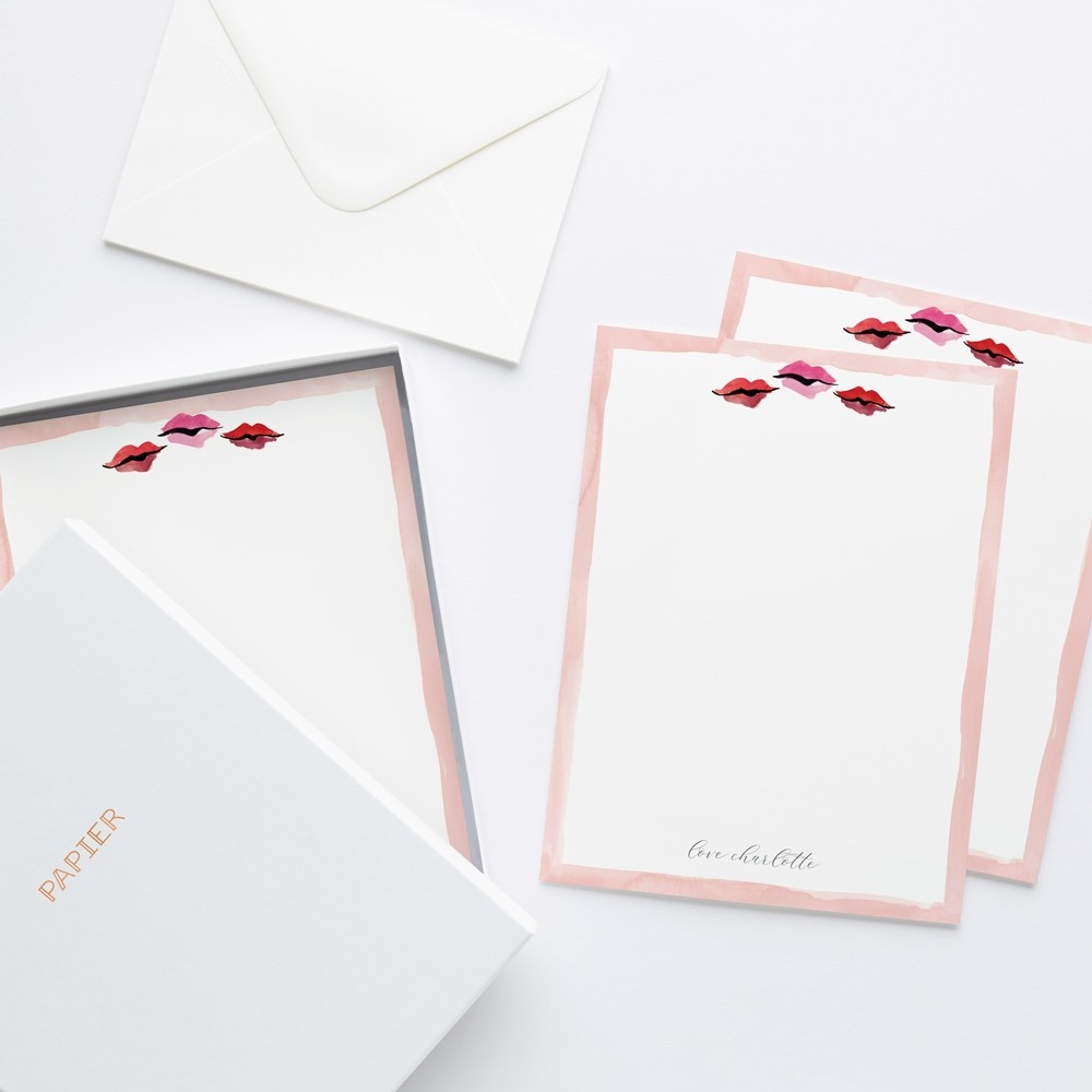 The Papier stationery with pink borders, lips at the top, and &quot;love charlotte&quot; at the bottom