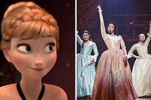 Anna from "Frozen" is smiling on the left with The Schuyler Sisters posing on the right