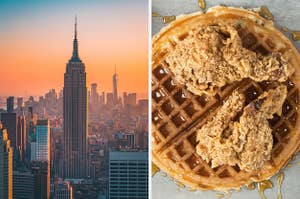 On the left, the New York City skyline at sunset, and on the right, some chicken and waffles