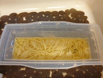 A photo from the same reviewer of cooked pasta and water in the clear, plastic microwave pasta cooker 