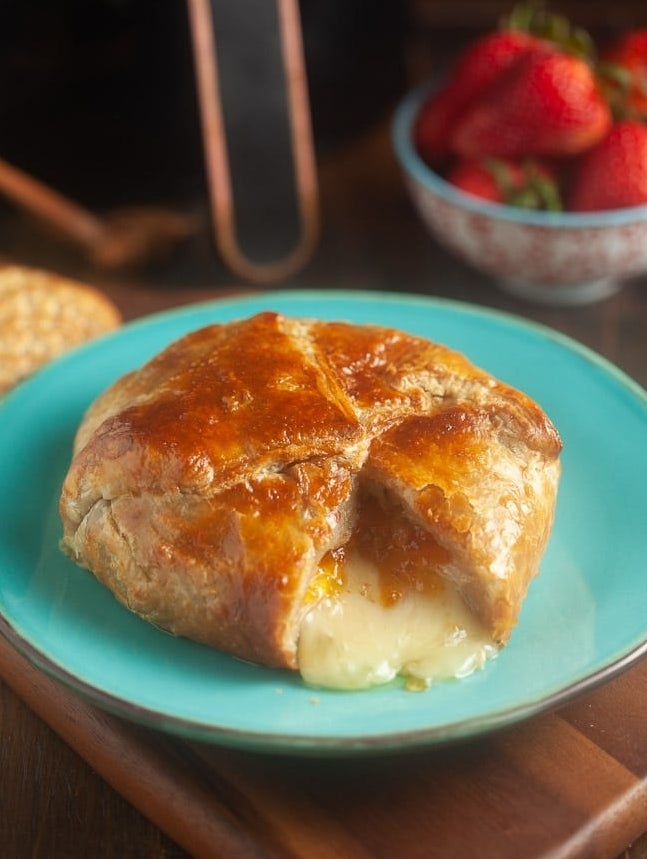 Melty baked Brie wrapped in phyllo dough.