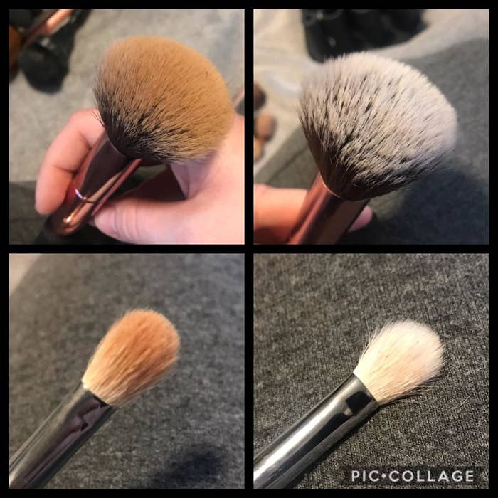 Before of reviewer&#x27;s dirty makeup brushes and after of the brushes looking clean and fluffy after using the spinning cleaner