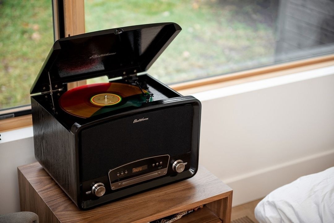 A large square record player