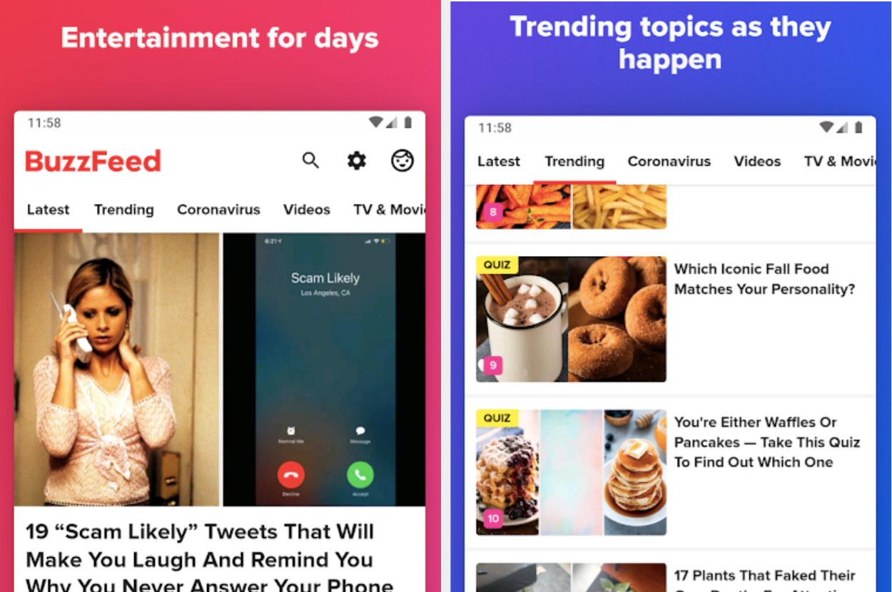 Screenshot of BuzzFeed app home page and trending page. 