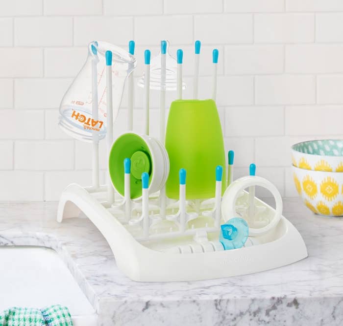 The bottle drying rack in white and blue