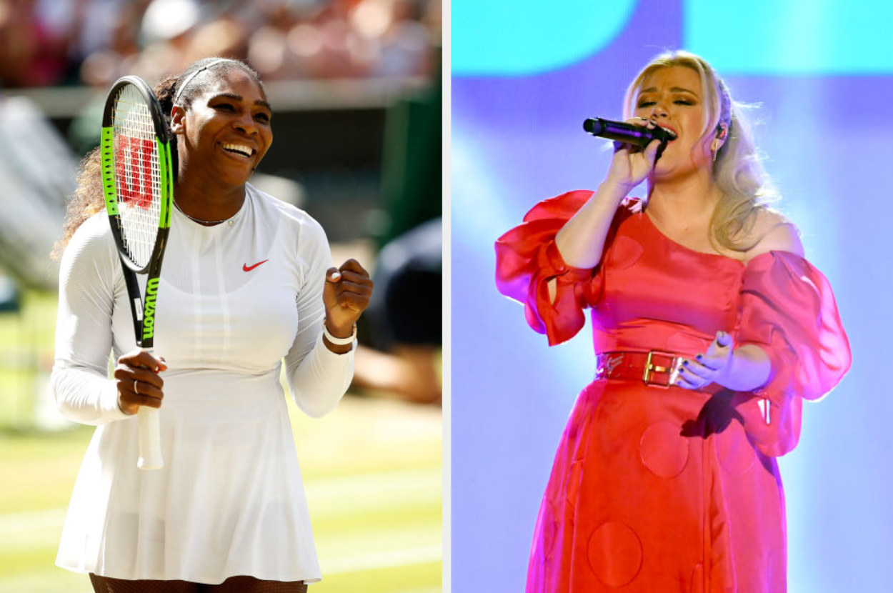Serena holding a tennis racket, and Kelly singing into a mic