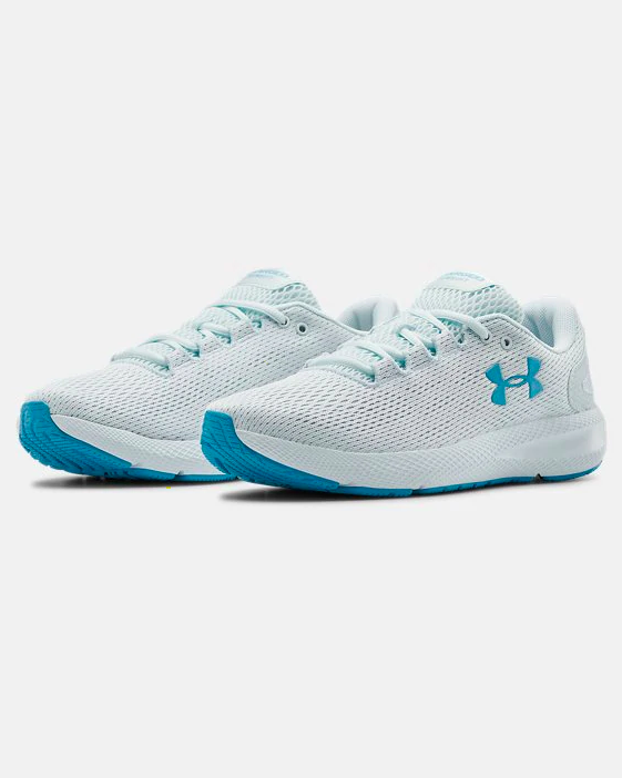 the running shoes in white with smalt blue coloring 