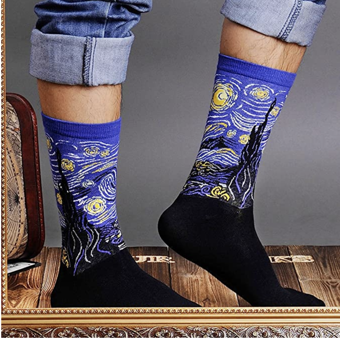 person with the starry night socks on