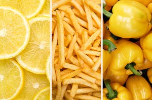 Lemons slices on the left, fries in the middle, and yellow peppers on the right