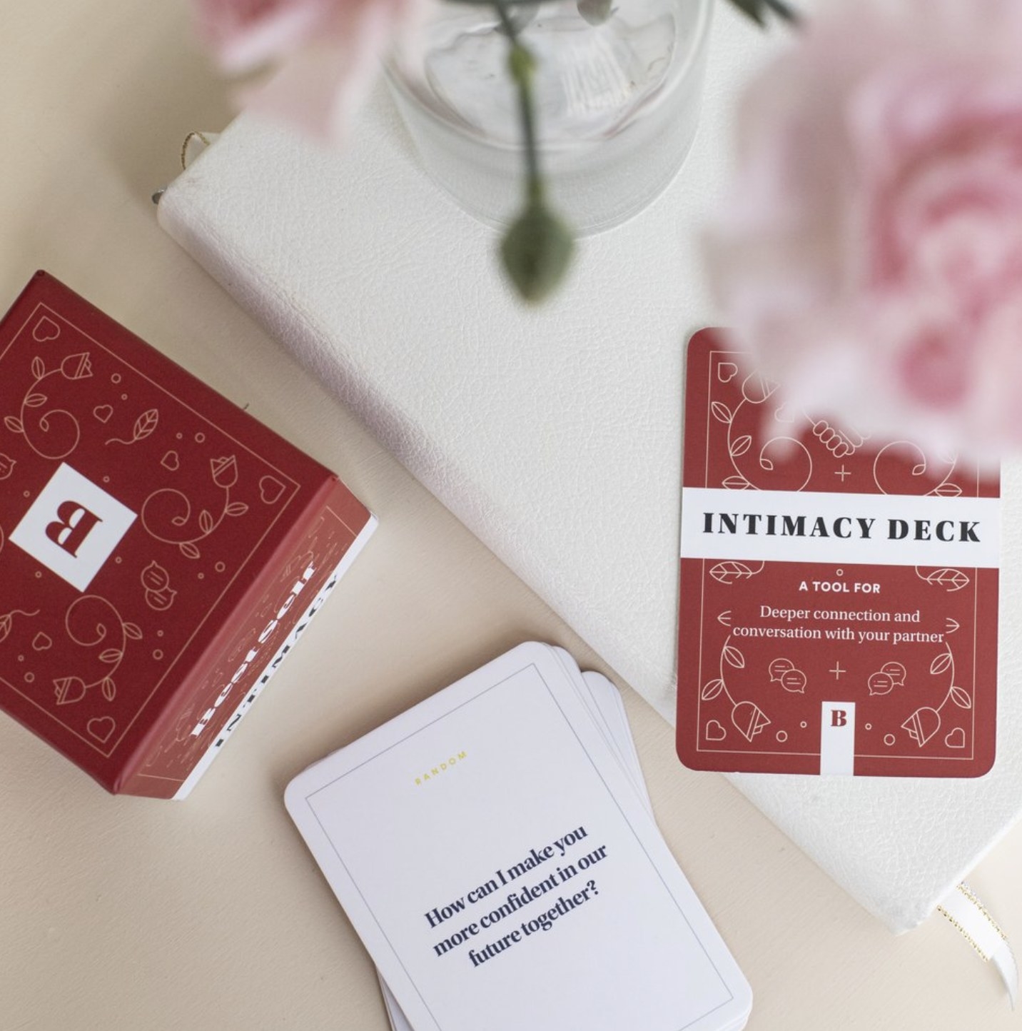 The BestSelf Intimacy Deck, a tool for deeper connection and conversation with your partner, and a card that reads, How can I make you more confident in our future together?