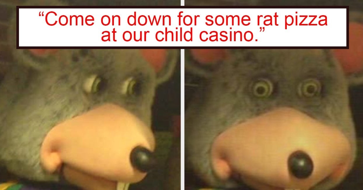 一个anamatronic老鼠看起来到一边,然后到前面,和句子“com了一些老鼠披萨在我们孩子casino"显示在图片吗