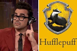 a man with thick rimmed glasses wears headphones. his eyes are closed and his brows are raised. next to him is the hufflepuff crest, which is a badger