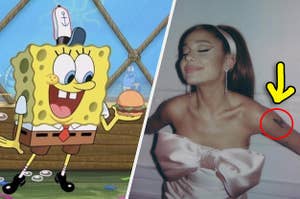 Spongebob smiling at a Krabby Patty and Ariana Grande with a mysterious tattoo